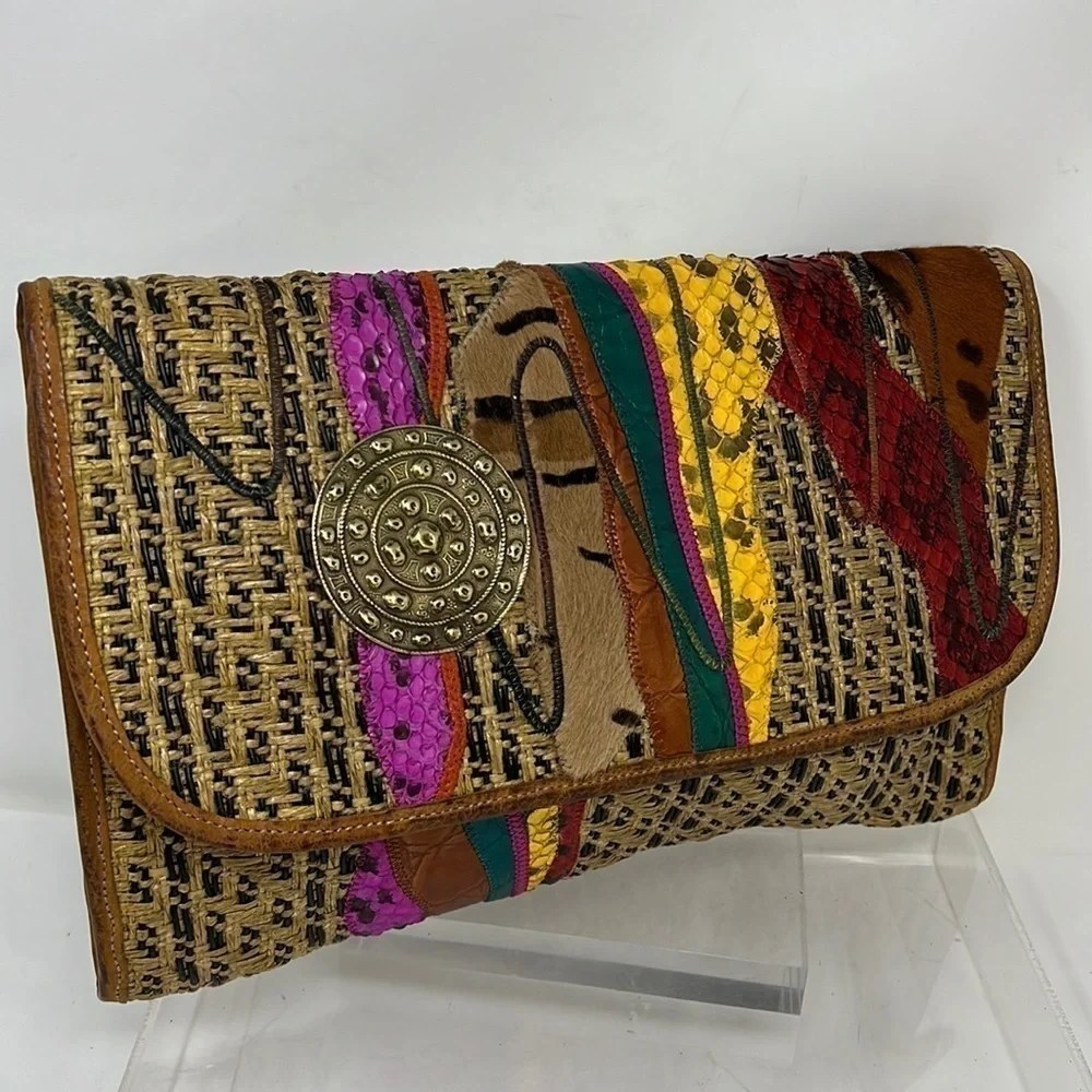 Carlos Falchi Woven Leather and Hemp and Exotic Patchwork of Skins Clutch Bag